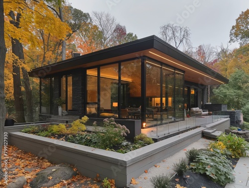 A modern house with a large glass front door and a large garden in front of it. The house is surrounded by trees and has a lot of greenery