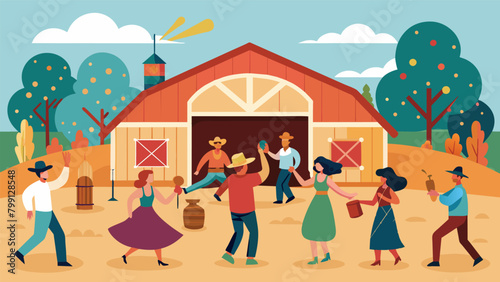 The farms barn doors are swung open revealing a lively dance party complete with country line dancing and upbeat music allowing everyone to let loose. Vector illustration