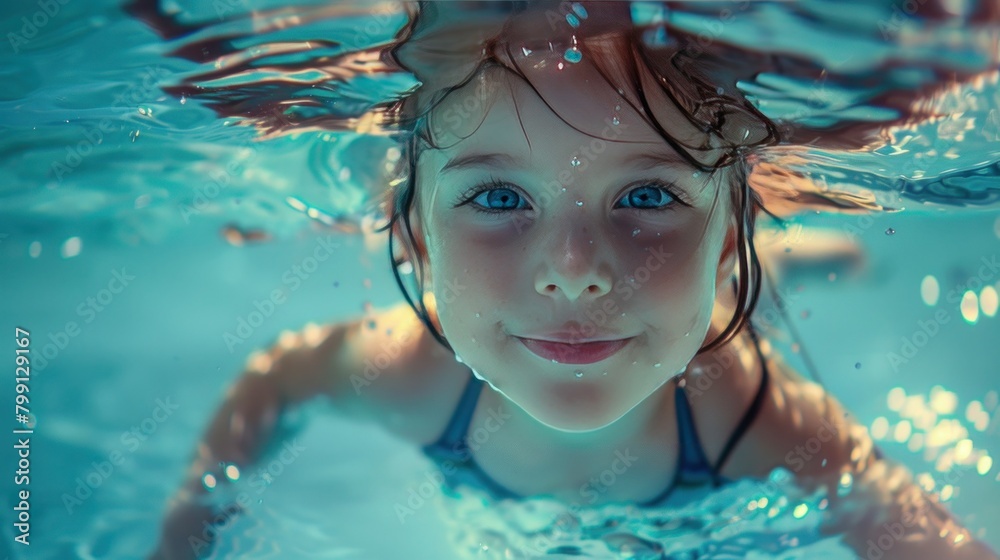 A cute girl joyfully swims underwater in the pool.