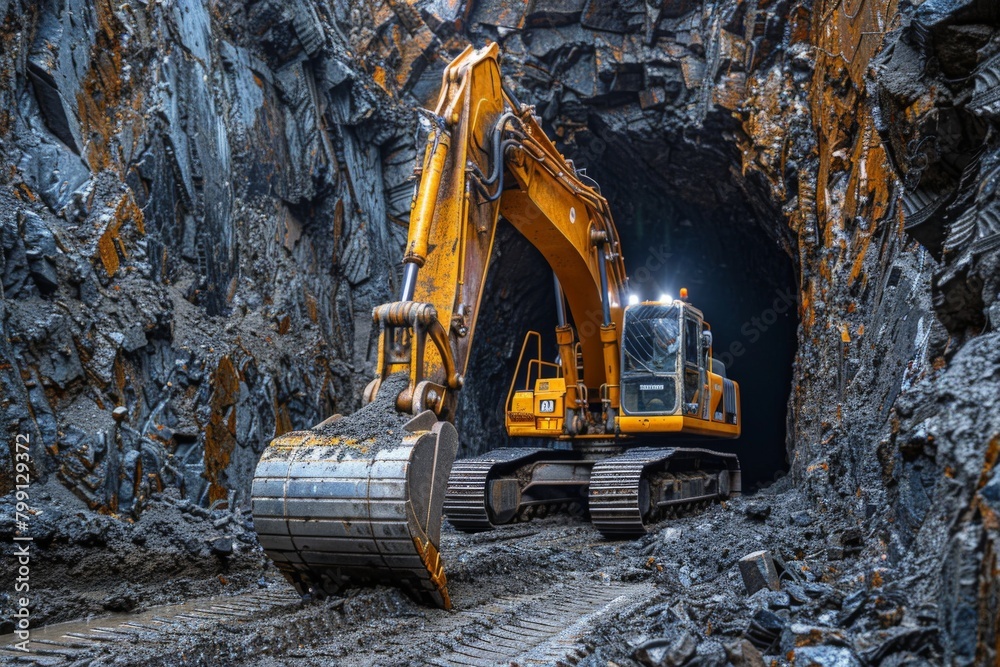In a dimly lit mine, a yellow excavator digs through rock, its arm raised and bucket full, amidst rugged stone walls In a dimly lit mine, a yellow excavator digs through rock, its arm raised and bucket full, amidst rugged stone walls