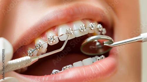 Woman with braces receiving orthodontic treatment to align teeth in dental appointment