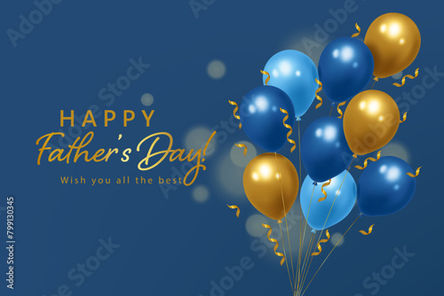 Festive Realistic blue and gold balloons. Happy Fathers Day template, 3D Realistic Vector Illustration