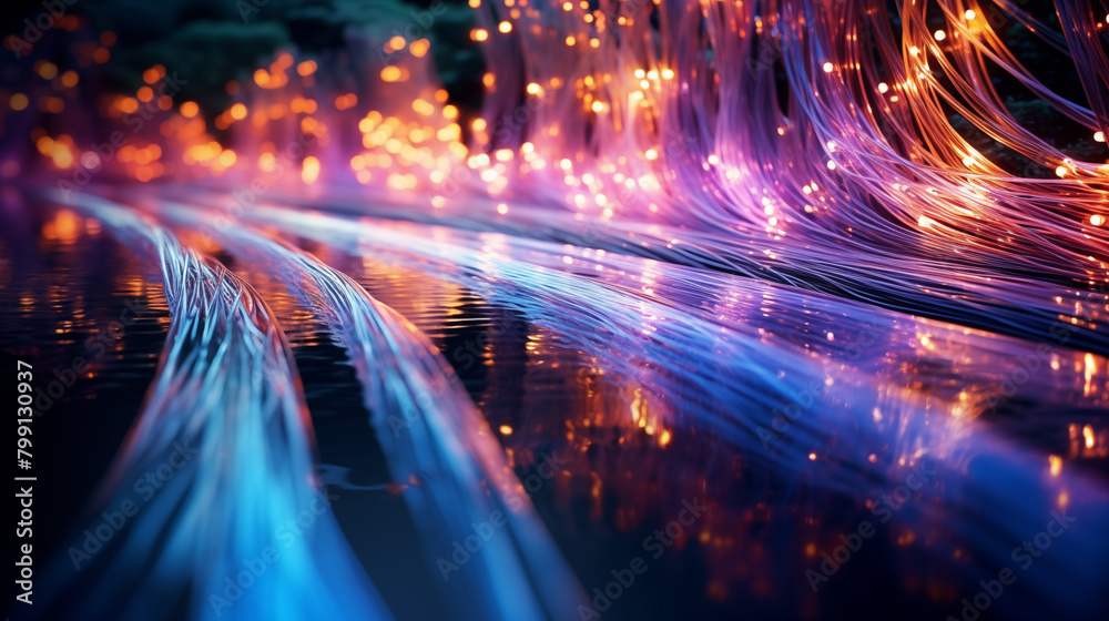 Vivid light trails from fiber optic cables representing high-speed data transfer in an abstract technology background.
Vivid light trails from fiber optic cables representing high-speed data transfer in an abstract technology background.