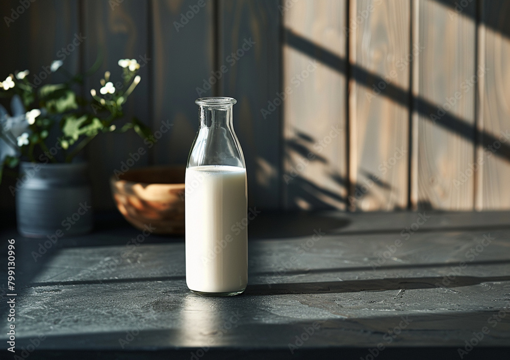 A bottle of milk on black ceramic table. A bottle of milk on black ceramic table.