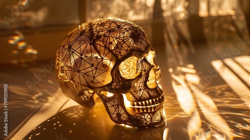 Intricate Golden Skull with Neural Networks Illuminated by Warm Sunlight on a Table Symbolizing Deep Thought and Analysis in Research Generative ai