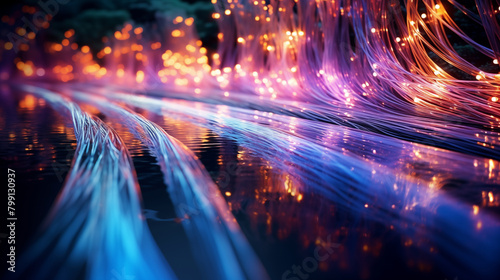 Vivid light trails from fiber optic cables representing high-speed data transfer in an abstract technology background. 