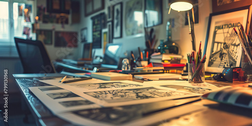 Close-up of a graphic novelist's desk with storyboard sketches and digital illustration tools, showcasing a job in graphic novel creation photo