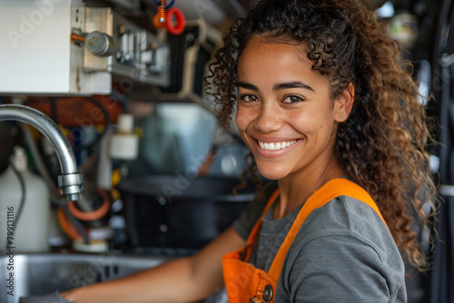 Portrait of a smiling female plumber with brunette hair while working photo
