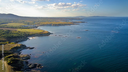 A panoramic view of the sea and rocky coves on the coast of the Black Sea in Bulgaria. This aerial photograph captures the stunning beauty of the coves and the sea.