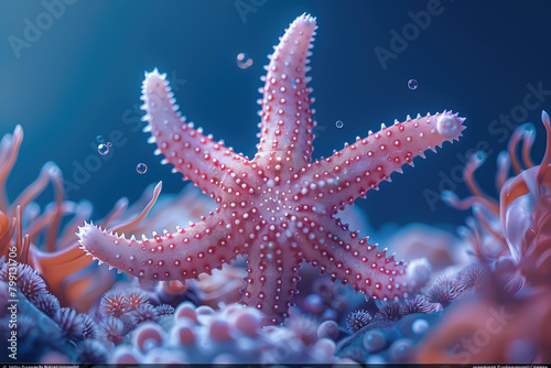  A beautiful pink starfish with white dots, sitting on anemones in the ocean. Created with AI © madiha