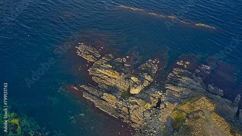 A panoramic view of the sea and rocky coves on the coast of the Black Sea in Bulgaria. This aerial photograph captures the stunning beauty of the coves and the sea.