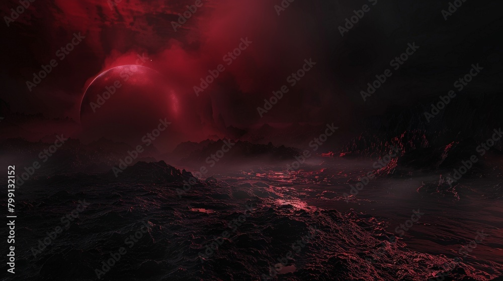 A panoramic abstract landscape with a crimson fog rolling across a vast black expanse, reminiscent of a mysterious swamp at night  