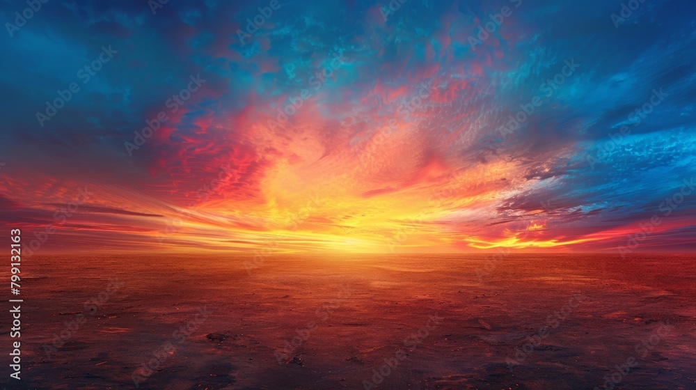 A panoramic abstract landscape with a vast expanse of cerulean blue fading into a fiery red horizon, reminiscent of a sunrise over a desert  