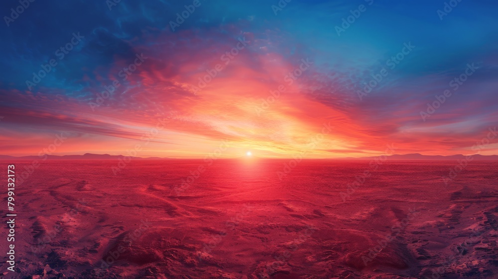A panoramic abstract landscape with a vast expanse of cerulean blue fading into a fiery red horizon, reminiscent of a sunrise over a desert A panoramic abstract landscape with a vast expanse of cerulean blue fading into a fiery red horizon, reminiscent of a sunrise over a desert