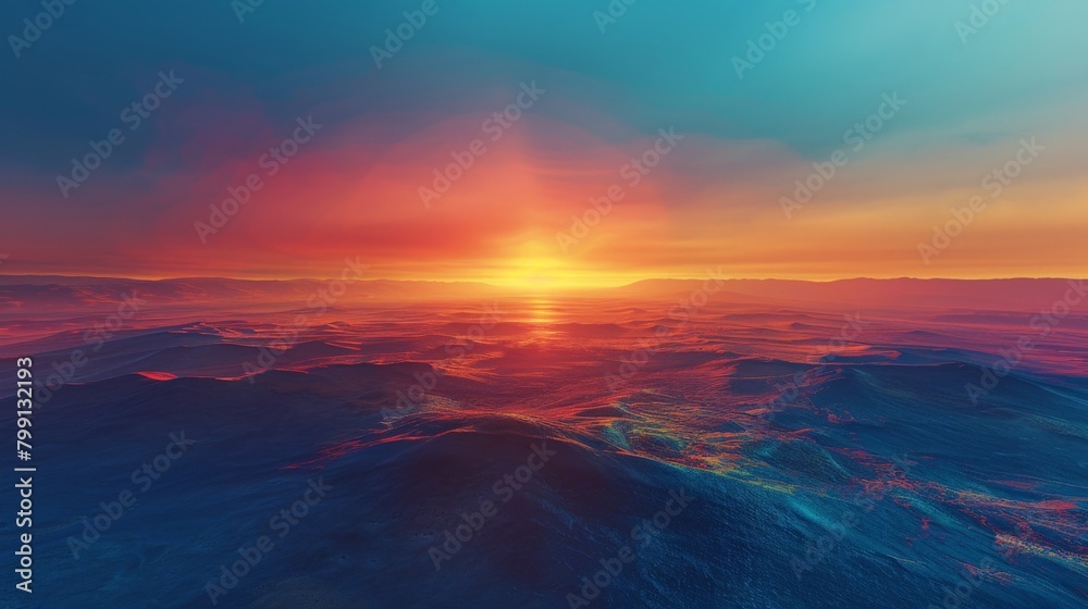 A panoramic abstract landscape with a vast expanse of cerulean blue fading into a fiery red horizon, reminiscent of a sunrise over a desert A panoramic abstract landscape with a vast expanse of cerulean blue fading into a fiery red horizon, reminiscent of a sunrise over a desert