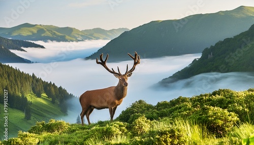 The Monarch s Gaze  A Regal Stag Overlooking a Mist-Covered Glen