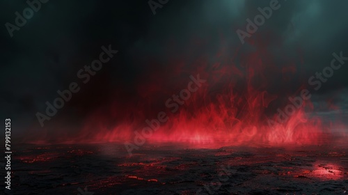 A panoramic abstract landscape with a crimson fog rolling across a vast black expanse, reminiscent of a mysterious swamp at night  