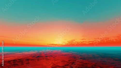 A panoramic abstract landscape with a vast expanse of cerulean blue fading into a fiery red horizon  reminiscent of a sunrise over a desert  