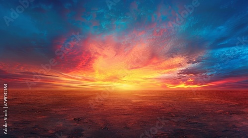 A panoramic abstract landscape with a vast expanse of cerulean blue fading into a fiery red horizon, reminiscent of a sunrise over a desert 