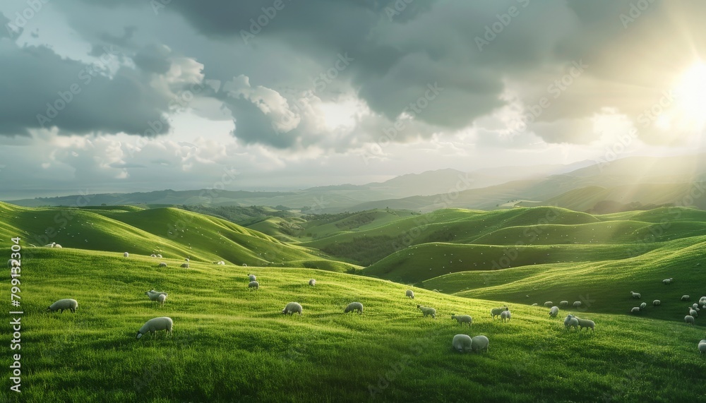 A panoramic landscape of rolling green hills dotted with sheep grazing under a cloudy sky with shafts of sunlight breaking through 