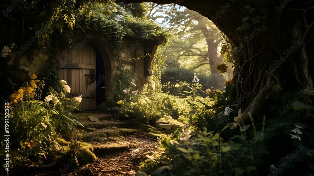 Rustic hobbit house surrounded by trees in the forest
