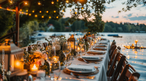 Elegant and select restaurant table Wine Glass and appetizers, on the bar table Soft light and romantic atmosphere dinner wedding service menue on lakeside photo