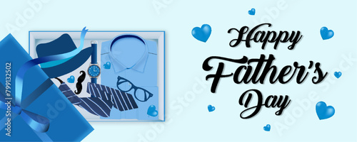 Father's Day Sale poster or banner template with necktie, glasses, hat, moustache, watch, hearts and gift box. Promotion and shopping template for love dad concept.