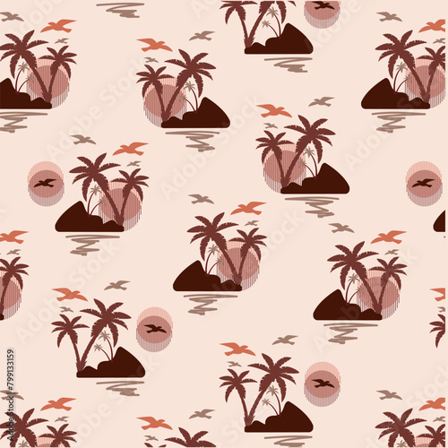 Desert island with palm sunset and seagulls pattern