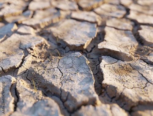 A photorealistic closeup of a parched earth with deep cracks revealing dry, dusty soil 