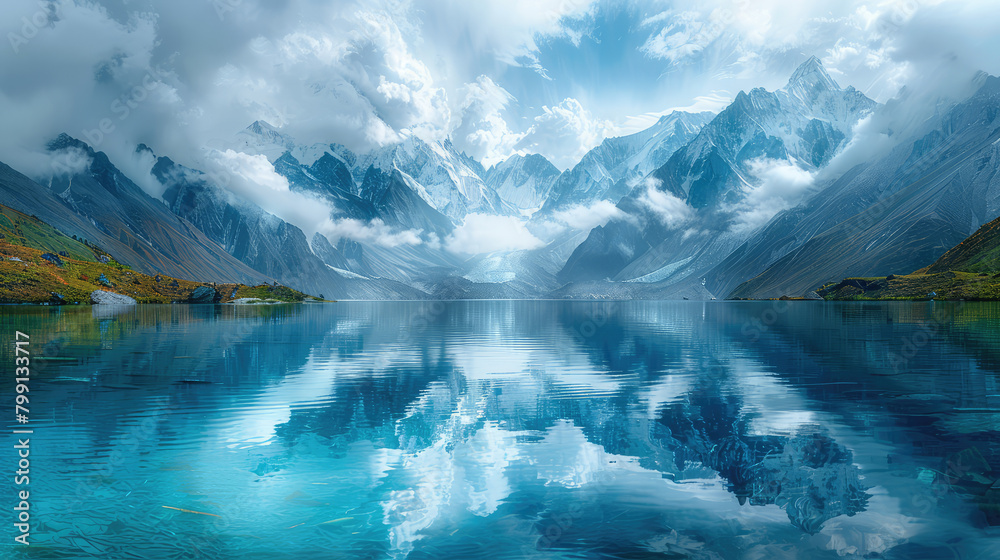  A stunning panoramic view of the Himalayan mountains, showcasing snowcapped peaks and clear blue waters in Tibet's Thangka Monastery lake. Created with Ai