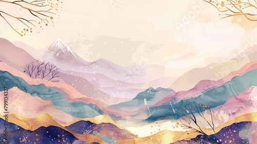 Mountain background, boho palette, vector illustration. Minimal landscape art with watercolor brush.