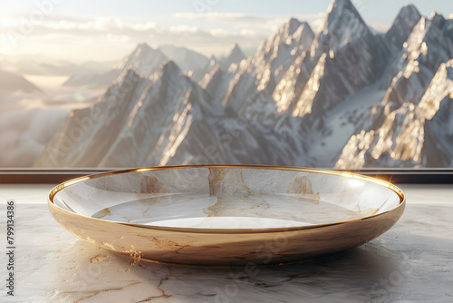 A luxurious golden serving plate with marble patterns, placed on an elegant table overlooking majestic mountains in the background. Created with Ai photo