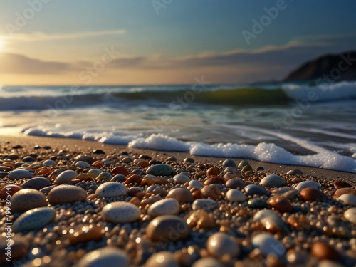stones near the shore, pebbles, background, AI generated photo