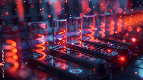 Advanced scientific research concept with test tubes filled with glowing orange liquid on a high-tech laboratory backdrop. 