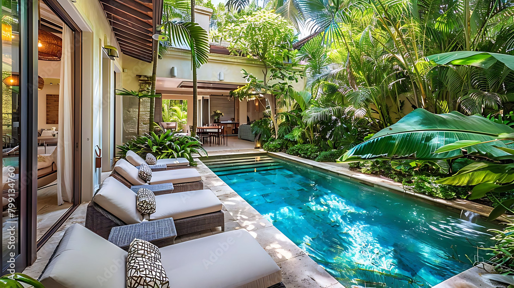 tropical front yard with swimming pool surrounded by palm trees