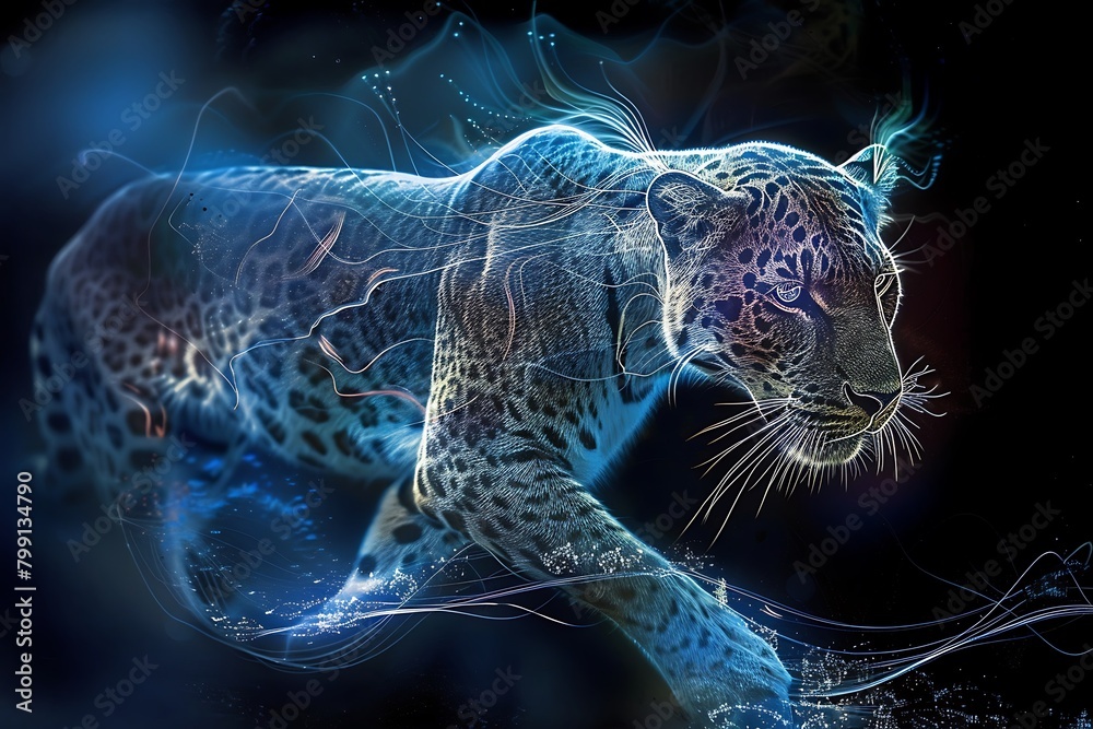 Leopards shine beautifully in neon light,ネオンライトで美しく輝いているヒョウ、Generative AI
