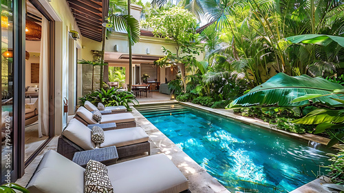 tropical front yard with swimming pool surrounded by palm trees © YOGI C