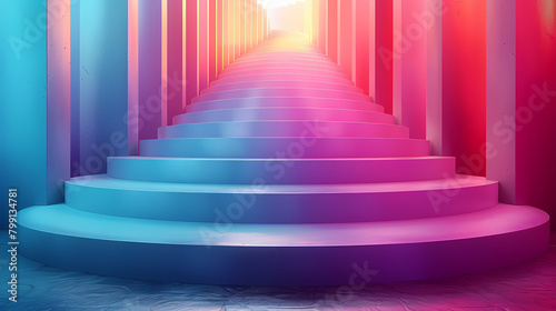 A surreal staircase bathed in gradient neon lights leading towards a bright sunset  creating an otherworldly atmospheric effect. 