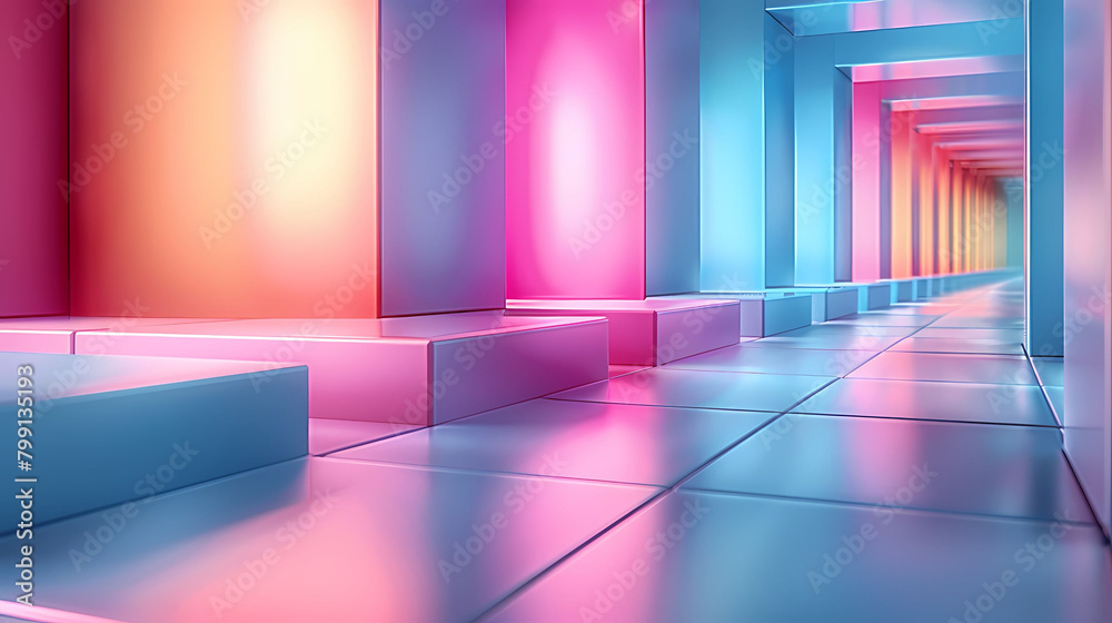 A mystical view down a corridor lined with tall, colorful geometric blocks under a soft, glowing light, creating an atmospheric perspective.
