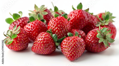 Isolated on a white background are fresh, red and tasty strawberries