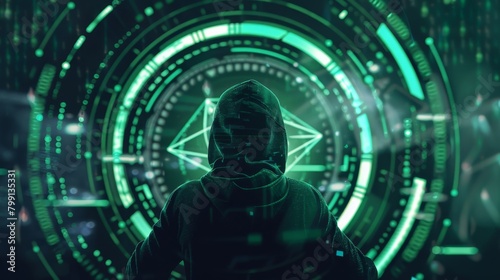 A person in silhouette stands before futuristic green HUD elements  suggesting high-tech surveillance or cyber activities. Created with Generative AI