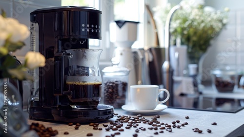Fresh coffee brews in a machine beside a cup on a kitchen counter  with scattered coffee beans. Created with Generative AI