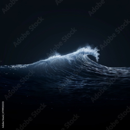 A single, clean wave rendered in a gradient of deep blue fading to white, set against a stark black background 