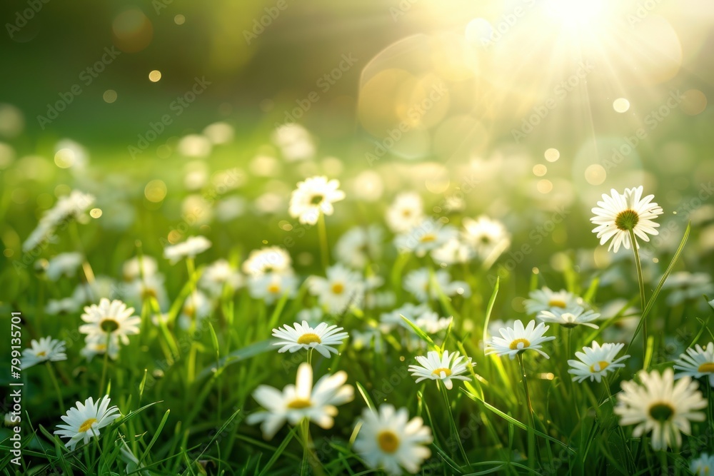 A field of white daisies is in full bloom, with the sun shining brightly on them. The scene is peaceful and serene, with the bright colors of the flowers and the green grass creating a sense of calm