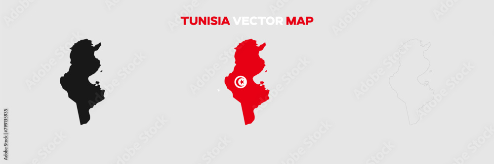 Tunisia Map Vector Pack. Map with Flag. Gray Map Silhouette. Gray Outline Map. Editable EPS file. 