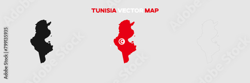 Tunisia Map Vector Pack. Map with Flag. Gray Map Silhouette. Gray Outline Map. Editable EPS file. 