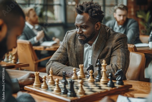 Two players deeply engaged in a chess match in a warmly lit environment with onlookers watching the strategic play. photo