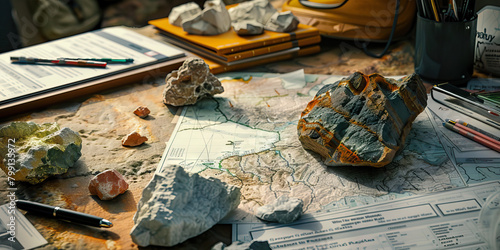 Close-up of a geoscientist's desk with geological maps and rock samples, representing a job in geoscience