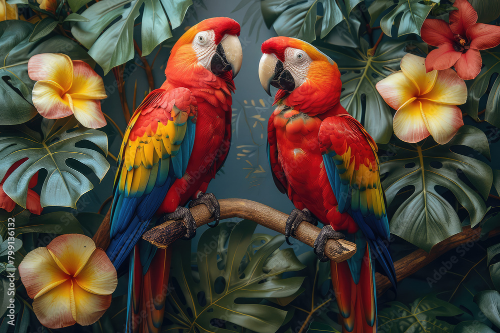 A pair of red parrots in the tropical rainforest, surrounded by lush green leaves and vibrant flowers. Created with Ai