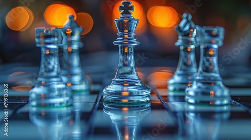 A luxurious glass chess set on a board with pieces glowing in the warm light of dusk, emphasizing sophistication.